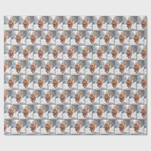 Papier Cadeau Chat de Gingembre de Noël avec Écharpe d'hiver (Plat)