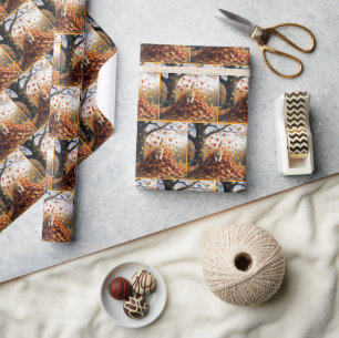 Papier Cadeau Chat de gingembre sautant de la feuille d'automne