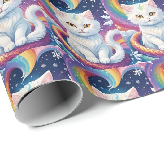 Papier Cadeau Chat de Noël à la neige blanche (Coin rond)