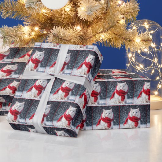 Papier Cadeau Chat De Noël Avec Écharpe Sur Neige (Vacances)