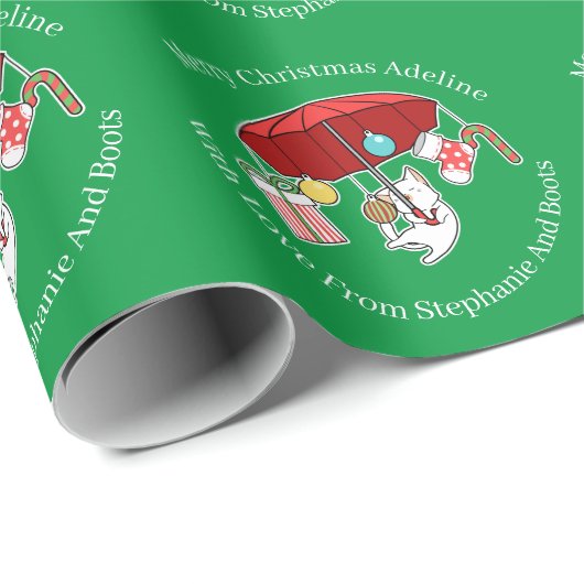Papier Cadeau Chat De Noël Avec Parapluie Rouge Sur Vert (Coin rond)