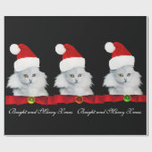 PAPIER CADEAU CHAT DE NOËL BLANC, CASQUETTE SANTA CLAUS ET RIBBO (Plat)