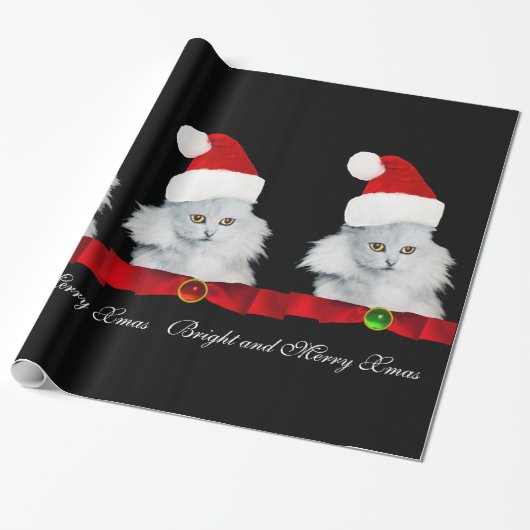PAPIER CADEAU CHAT DE NOËL BLANC, CASQUETTE SANTA CLAUS ET RIBBO (Déroulé)