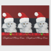 PAPIER CADEAU CHAT DE NOËL BLANC, CASQUETTE SANTA CLAUS ET RIBBO (Plat)