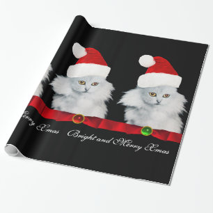 PAPIER CADEAU CHAT DE NOËL BLANC, CASQUETTE SANTA CLAUS ET RIBBO