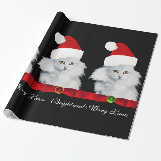 PAPIER CADEAU CHAT DE NOËL BLANC, CASQUETTE SANTA CLAUS ET RIBBO (Déroulé)