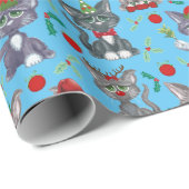 Papier Cadeau Chat De Noël Cool En Bleu (Coin rond)