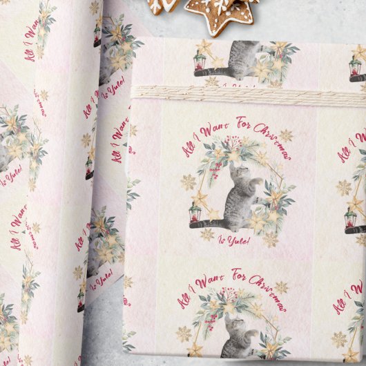 Papier Cadeau Chat de Noël de la lanterne en feuillage d'hiver p