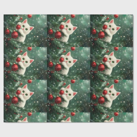 Papier Cadeau Chat de Noël grimpant un arbre de Noël (Plat)