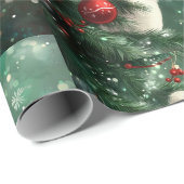 Papier Cadeau Chat de Noël grimpant un arbre de Noël (Coin rond)