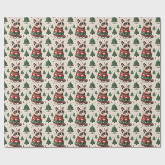 Papier Cadeau Chat de Noël grincheux en pull moche (Plat)