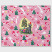 Papier Cadeau Chat de Noël rose (Plat)