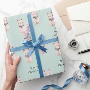 Papier Cadeau Chat de Noël Rose Blush Menthe