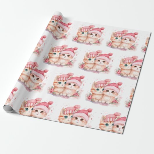Papier Cadeau Chat de Noël rose mignon Motif (Déroulé)