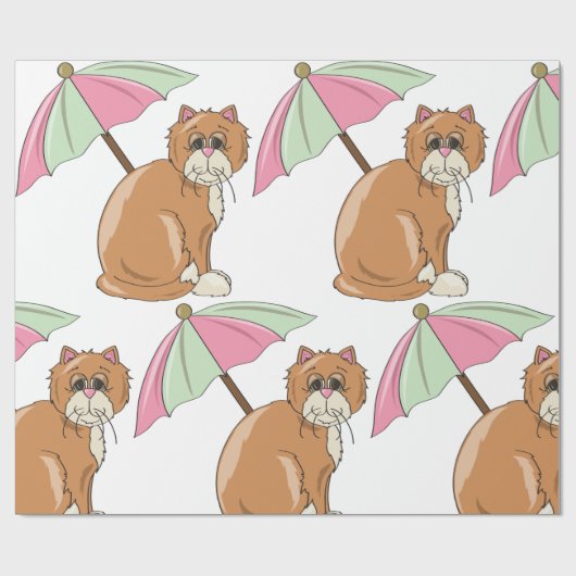 Papier Cadeau Chat de plage avec parapluie rose et vert (Plat)