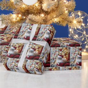 Papier Cadeau Chat de poupée de Noël sur une chaise Vintage roug