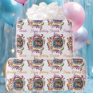 Papier Cadeau Chat Doodle coloré Anniversaire Ajouter le nom Sal