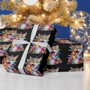 Papier Cadeau Chat drôle empêtré dans les lumières de Noël
