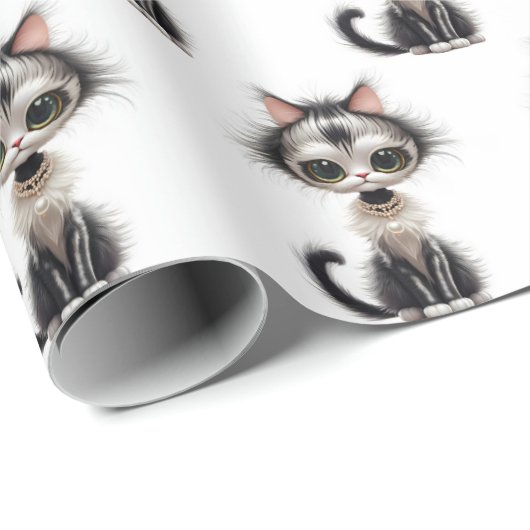 Papier Cadeau Chat En Dessin Avec Collier En Perle (Coin rond)