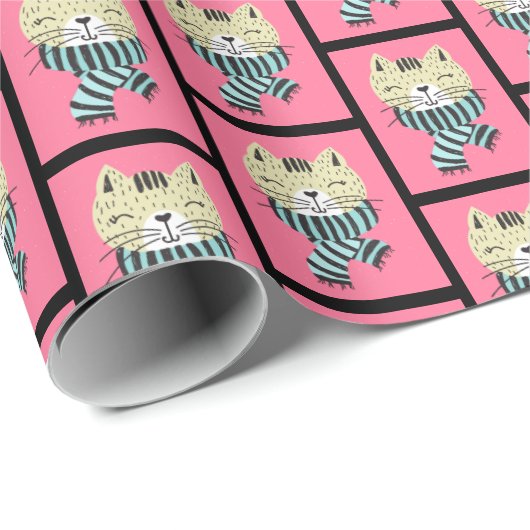 Papier Cadeau chat en écharpe d'hiver (Coin rond)