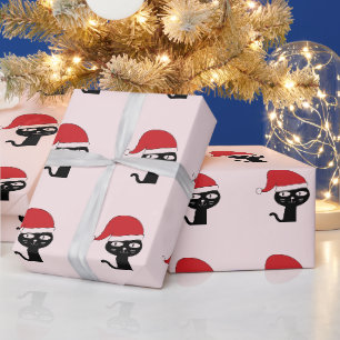 Papier Cadeau Chat Festif avec un Motif moderne du Père Noël Rou