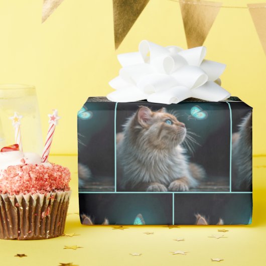 Papier Cadeau Chat Fluffy Avec Papillon Néon (Fête d'anniversaire)