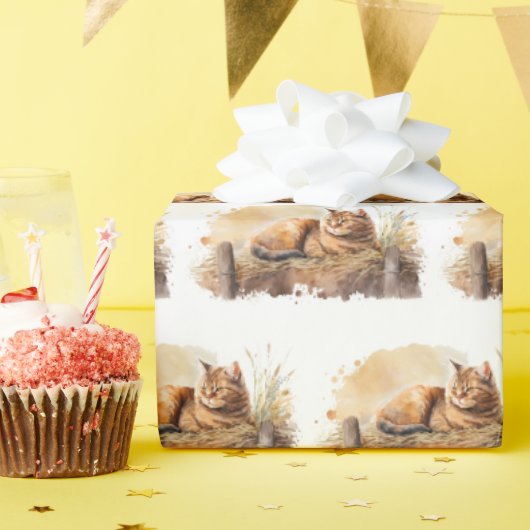 Papier Cadeau Chat Gingembre Aquarelle sur le foin (Fête d'anniversaire)