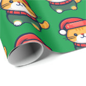 Papier Cadeau Chat Ginger de Noël en chapeau de Santa (Coin rond)