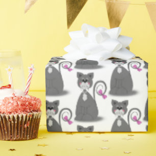 Papier Cadeau chat gris avec arc rose
