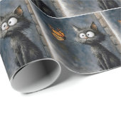 Papier Cadeau Chat hirsute fixant un papillon (Coin rond)
