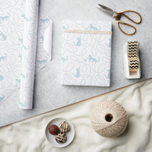 Papier Cadeau Chat joueur et motif de boule de laine bleu clair