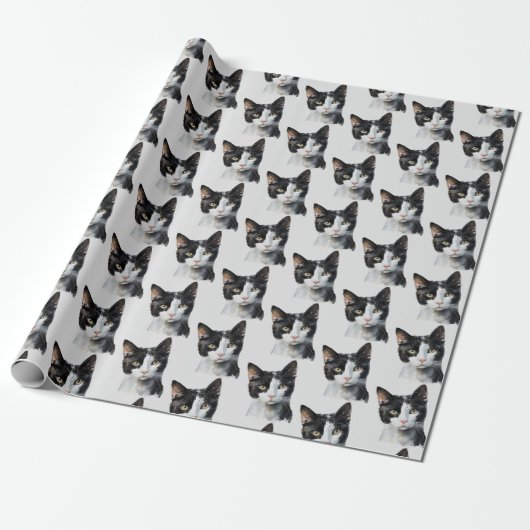 Papier Cadeau Chat Kitty blanc gris noir (Déroulé)