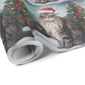 Papier Cadeau Chat Maine Coon à Noël de neige (Coin rond)