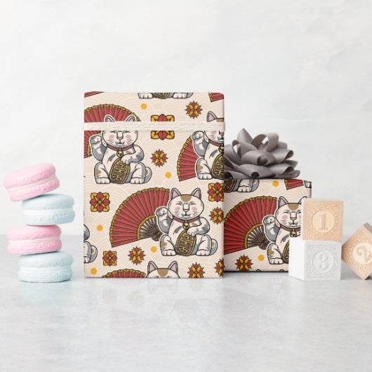 Papier Cadeau Chat Maneki Neko Asiatique (Baby Shower)