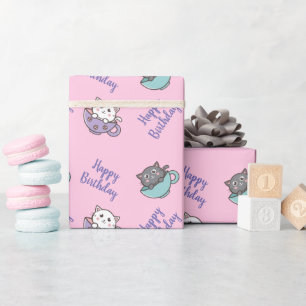 Papier Cadeau Chat mignon d'anniversaire dans la tasse rose