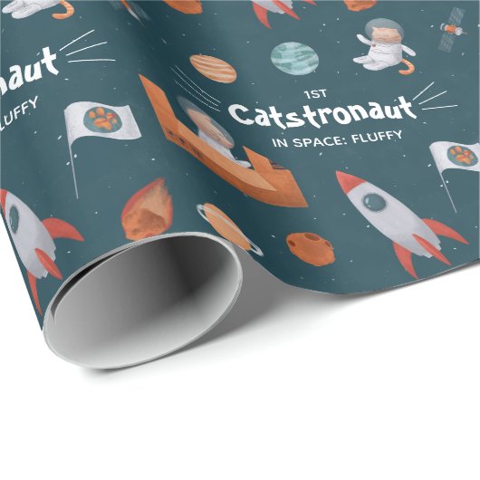 Papier Cadeau Chat mignon dans l'espace, Chats sur Mars, avec no (Coin rond)