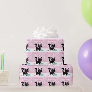 Papier Cadeau Chat mignon personnalisé rose et blanc fille anniv