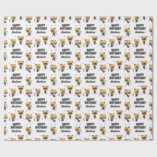 Papier Cadeau Chat Miraculeux Noir Chibi Anniversaire (Plat)