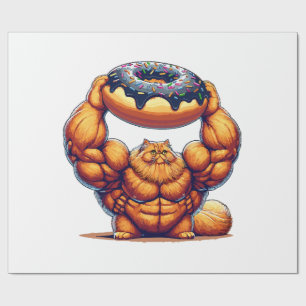 Papier Cadeau Chat Musclé qui Soulève un Beignet