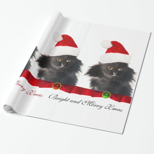 PAPIER CADEAU CHAT NOËL NOIR, CASQUETTE SANTA CLAUS ET RIBBON RO (Déroulé)