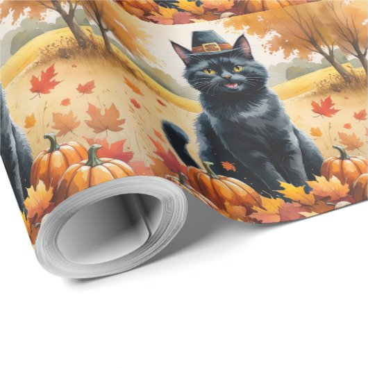 Papier Cadeau Chat Noir À L'Automne Quitte L'Art Thanksgiving (Coin rond)