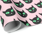 Papier Cadeau Chat noir aux yeux verts sur rose pastel (Coin rond)