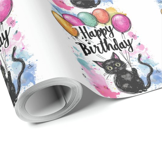 Papier Cadeau Chat noir avec ballons (Coin rond)