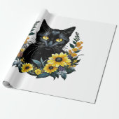 Papier Cadeau chat noir avec des fleurs (Déroulé)