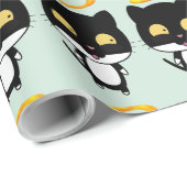 Papier Cadeau Chat Noir Avec Dessin Caricature En Halo Or (Coin rond)