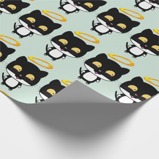 Papier Cadeau Chat Noir Avec Dessin Caricature En Halo Or (Coin)