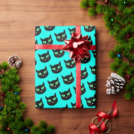 Papier Cadeau Chat noir avec les yeux verts sur bleu turquoise (Cadeau de vacances)