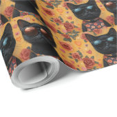 Papier Cadeau Chat Noir Avec Roses de la Saint-Valentin (Coin rond)