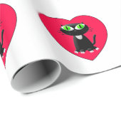 Papier Cadeau Chat noir dans le coeur rouge (Coin rond)