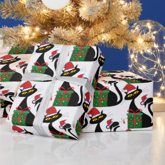 Papier Cadeau Chat noir de Noël avec souris et chapeau